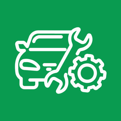 Green and white icon illustrating auto repair services and maintenance for cars at Castrol Auto Service Northcliff.