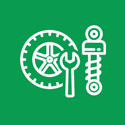 Green and white icon illustrating different car parts (a tyre, spanner and shocks) at Castrol Auto Service Northcliff. This is to represent quality parts used at this car service center.
