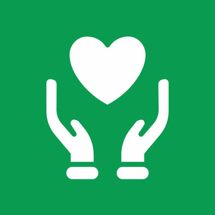 Green and white icon illustrating hands and a heart to represent family owned at Castrol Auto Service Northcliff.